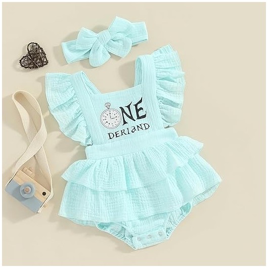 Oncebabetimuly Baby Girl First Birthday Outfit One Derland Clock Cotton Linen Ruffle Romper Bodysuit Cake Smash Clothes