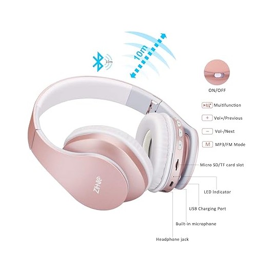 Zihnic Bluetooth Headphones Over-Ear, Foldable Wireless And Wired Stereo Headset Micro Sd/Tf, Fm For Cell Phone,Pc,Soft Earmuffs &Light Weight For Prolonged Wearing(Rose Gold)